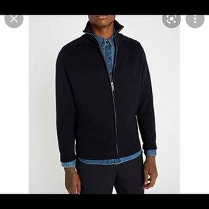 NWT SANDRO Navy blue funnel neck ribbed wool blend cardigan sz XS